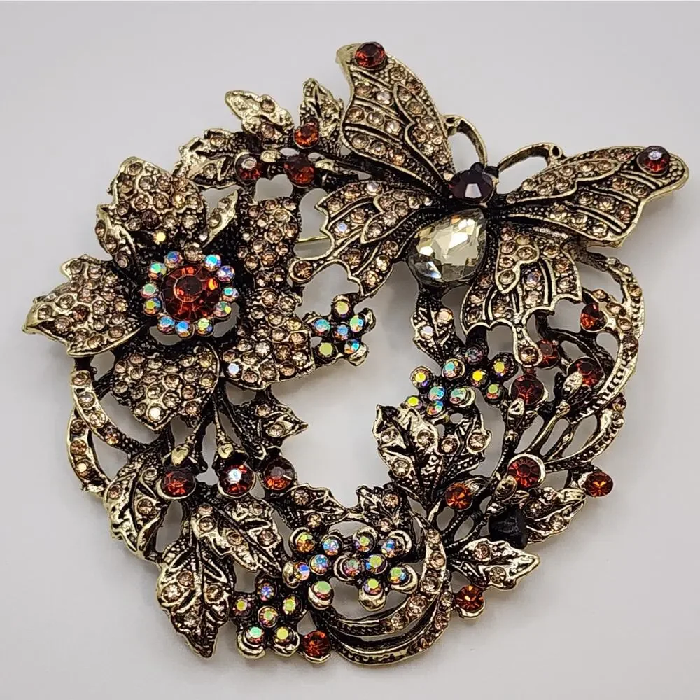 Butterfly Floral Wreath Brooch Amber Brown Faux Jewel Rhinestone Statement